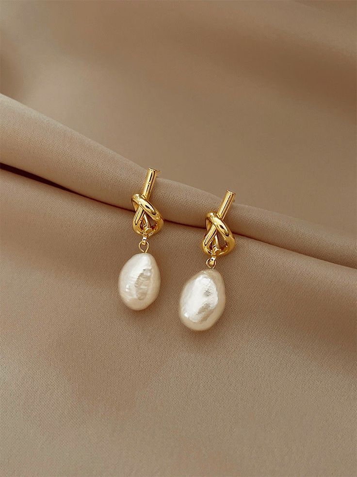 Gold Knot Pearl Drop Earrings
